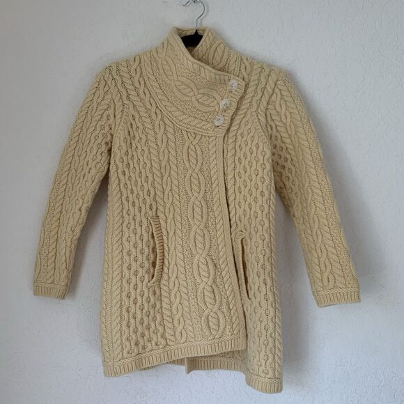 Aran Crafts Sweater Cardigan Women XS Beige Cream Button Chunky Cable Knit Irish - Picture 1 of 8